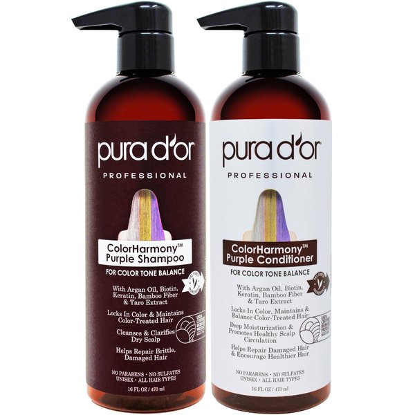 PURA D'OR Purple Shampoo & Conditioner (16oz x 2) ColorHarmony Biotin Set For Bleached, Blonde, Silver & Color Treated Hair - Keratin, Bamboo Fiber, No Sulfates - Men & Women