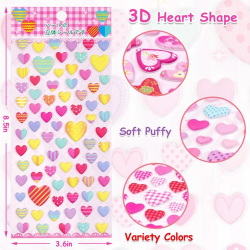 Puffy Heart Stickers for Kids Crafts,3D Valentines Day Sticker Sheets for Cards, Envelopes, Gifts Decor - Small Mini Foam Hearts Shape in Pink, Red,Self Adhesive 250 PCS