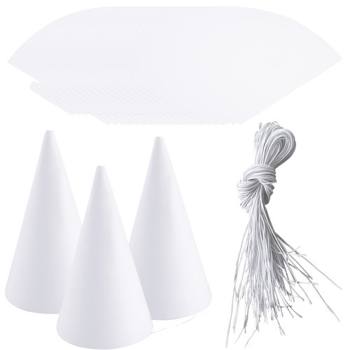 Haconba 60 Pieces White Party Cone Hats Plain Birthday Paper Cone Hats with Elastic Rope for DIY ...