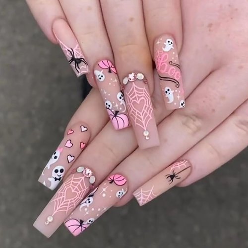 Halloween Nails Press on Nails Long Coffin Nails with Designs Ghost Fake Nails Halloween Cute Ghost Pumpkin Spider Web Full Cover False Fake Nails with Glue Stick on Nails for Women and Girls 24Pcs