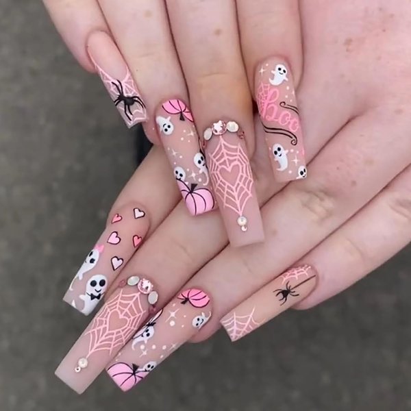 Halloween Nails Press on Nails Long Coffin Nails with Designs Ghost Fake Nails Halloween Cute Ghost Pumpkin Spider Web Full Cover False Fake Nails with Glue Stick on Nails for Women and Girls 24Pcs