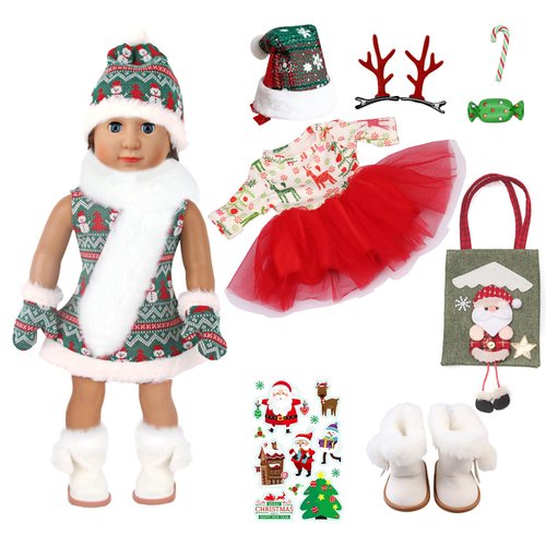 AugFrog 15Pcs 18 Inch Doll Clothes Winter, Including Doll Accessories, Doll Clothes, Doll Shoes, Doll Scarf, Doll Hat, Hair Clip, Sticker, Christmas Birthday Best Gifts for Kid (No Doll), Green