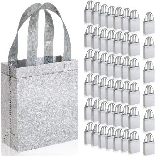 Woanger 48 Pack Reusable Gift Bags Metallic Tote with Handles Glitter Gift Bags Bling Non Woven Bags for Wedding Birthday Bridesmaid Party(Silver, 6.5 x 3.1 x 7.8 Inch)