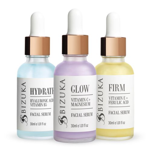 BIZUKA Vitamin C Serum Combo Pack - 3-in-1 Hydrating Skincare Set With Vit C Serum & Magnesium, Vitamin B5 & Hyaluronic Acid, Vitamin E & Ferulic Acid - Natural Formula, No Sulfates or Parabens - 1oz