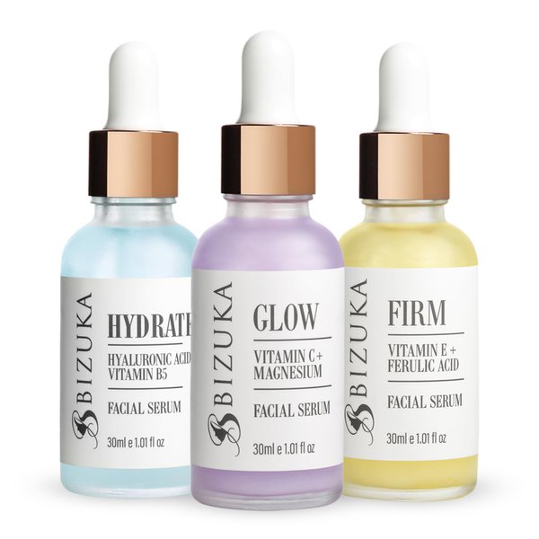 BIZUKA Vitamin C Serum Combo Pack - 3-in-1 Hydrating Skincare Set With Vit C Serum & Magnesium, Vitamin B5 & Hyaluronic Acid, Vitamin E & Ferulic Acid - Natural Formula, No Sulfates or Parabens - 1oz