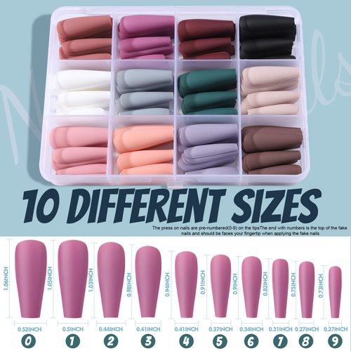 FANDAMEI Matte Press On Nails Long Coffin, 12 Color 240PCS Full Cover Long Ballerina Fake Nails, Acrylic False Nail Tips with 10g Nail Glue, 12 Solid Color False Nail for Women Girls Nail Art DIY