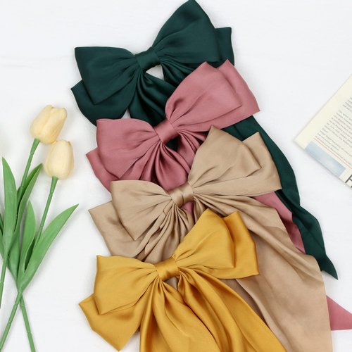 VRbeatter Girls' Classic Hair Bow Big Bow Hair Clips Solid Color Bowknot Hairpin Barrette with Long Silky Satin, Handmade（Yellow,Green,Pink,Khaki）
