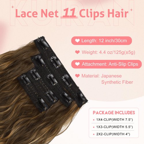 KUIRAN Hair Extensions, Clip in Hair Extensions 12" Short Wavy Hair Extensions 4PCS Hair Extensions Invisible Lace Weft Natural Soft Hairpieces for Women - Matte Ash Brown with Highlights