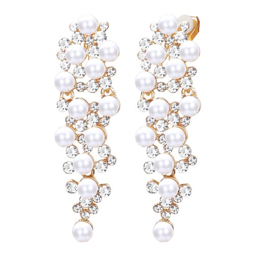 Pearl Clip on Earrings for Women Long Dangle Pearl Clip Diamond Earrings Silver Drop Pearl Earrings Bridesmaid Jewelry Bridal Wedding Earrings