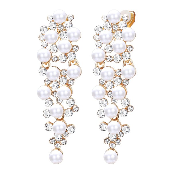 Pearl Clip on Earrings for Women Long Dangle Pearl Clip Diamond Earrings Silver Drop Pearl Earrings Bridesmaid Jewelry Bridal Wedding Earrings