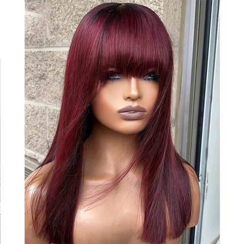 Burgundy Wig Human Hair Red Wigs with Bangs Brazilian Virgin Straight Wig with Bangs Full Machine Made None Lace Front Wigs For Black Women 16 Inch