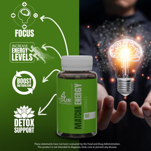 4 Your Wellness Matcha Organic Green Tea Energy Gummies, Vitamin B12, Vitamin B3, and Antioxidant CoQ10 for Natural Energy Boost, Vegan, Gluten-Free, Non-GMO and Kosher (60 Count (Pack of 1), Matcha)