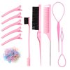 LLMSIX 7 Pcs Pink Hair Brush Set - Bristle Brush, Double Sided Brush, Topsy Tail Tools, Edge Control Brush, Metal Pin Rat Tail Combs for Styling