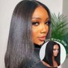 KLAIYI Yaki Straight Bob Wigs Human Hair Bye Bye Knots Glueless Wig Pre Cut 7x5 Lace Front Wigs for Women Pre Bleached Pre Plucked Put On and Go Wig Easy to Wear Short Kinky Wigs with Baby Hair 12Inch