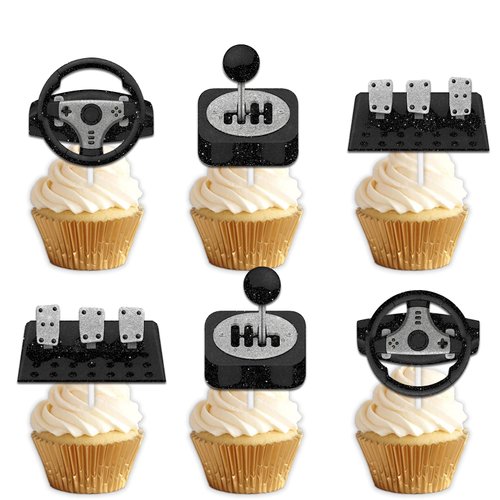 18pcs Black Glitter Car Steering Wheel Dessert Cupcake Topper Pick for Race Car Vehicle Repair Theme Decor Supplies Men woman Happy Birthday Party Decorations