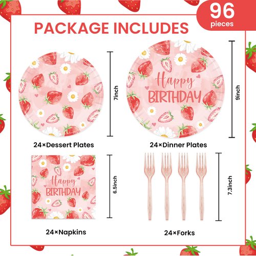 96Pcs Strawberry Party Plates and Napkins, Strawberry Baby Shower Party Supplies Sweet Berry Strawberry Birthday Tableware Set for Girls A Berry Sweet Baby Decorations Favors Serves 24(Strawberry)