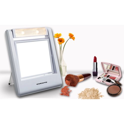 Ovente Square Makeup Mirror 5.5 Inch 1X 5X Magnification Glass LED Lighted 360 Degree Hand Held Double Sided Spinning Battery Operated Personal Compact Beauty Shaving Stand Plastic Travel White MLT22W