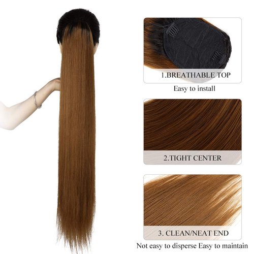 YIBANG 30inch Long Straight Drawstring Ponytail Synthetic High Puff Ponytail Hair Pieces With Comb Clip in Straight Ponytail Clip in Hair Extensions Smooth &Soft(T2/30)…