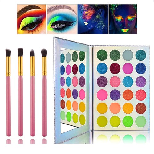 Kalolary Neon Eyeshadow Glow Palette UV Glow Blacklight Matte and Glitter, 24 Colors Highly Pigmented Eyeshadow Kit with 4 Brushes for Face Body Makeup