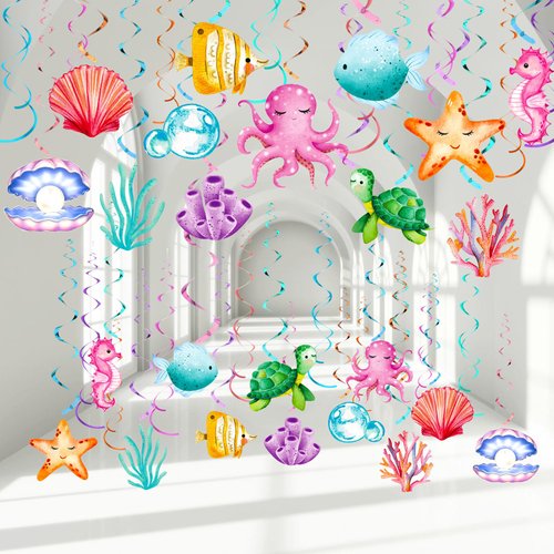 Colarr 54 Pieces Ocean Sea Party Hanging Decorations Ocean Party Hanging Swirls Ocean Animals Themed Party Supplies ocean sea Birthday Party Ceiling Decor Sea Animals Turtle Baby Shower Decor
