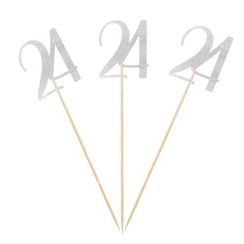 Silver Glitter 24th Birthday Centerpiece Sticks, 12-Pack Number 24 Table Topper Anniversary Party Decorations