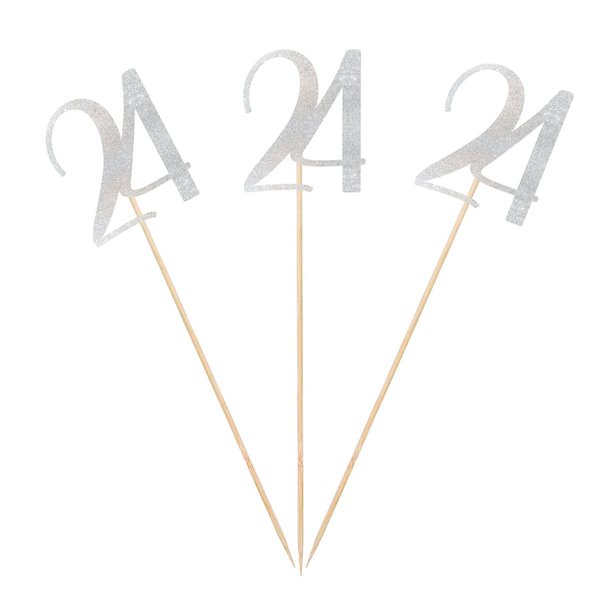 Silver Glitter 24th Birthday Centerpiece Sticks, 12-Pack Number 24 Table Topper Anniversary Party Decorations