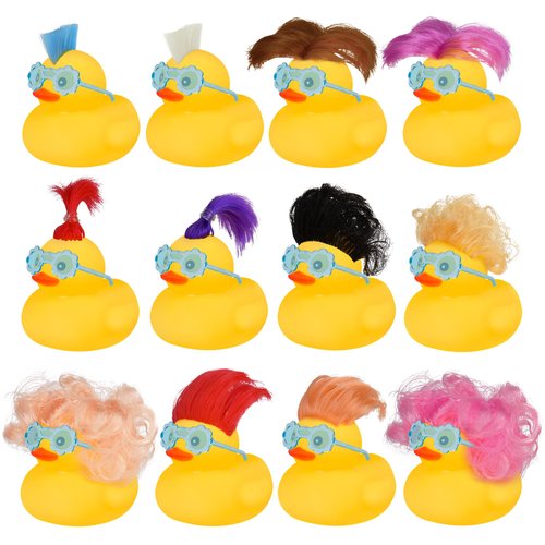 Wig Rubber Ducks Bath Toys, 12 PCS Yellow Mini Rubber Duckies Accessories with Blue Flower Sunglasses, Cruise Ducks Bathtub Toys Shower Toys for Kids Toddlers Boys Girls
