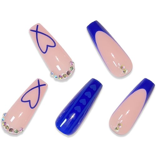 BABALAL Coffin Press on Nails Long Fake Nails Blue French Tip Heart Glue on Nails Rhinestone Ballerina Acrylic Nails for Women and Girls 24Pcs Valentines Nails Press on