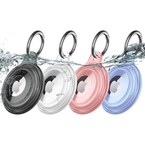 4 Pack IPX8 Waterproof AirTag Keychain Holder Case, Lightweight, Anti-Scratch, Easy Installation,Soft Full-Body Shockproof Air Tag Holder for Luggage,Keys, Dog Collar (Black+Clear+Blue+Pink)