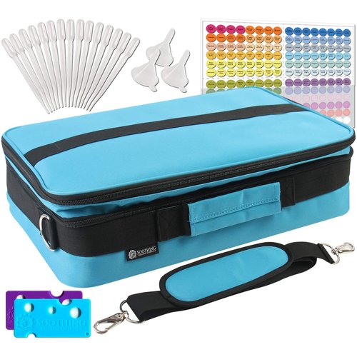 GIANT 124 Essential Oils Train Case for 5ml, 10ml and 15ml bottles – Shoulder Style Soft Case with Tall Plush Black Felt Inlay EVA Insert, Premium Metal Connectors and Double Zippers (Caribbean Blue)