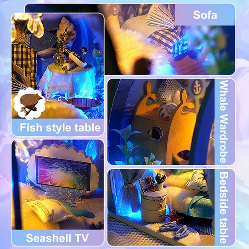 GuDoQi DIY Miniature Dollhouse Kit, Miniature House Kit 1:24 Scale,Tiny House kit with Furniture, Great Gift for Birthday Christmas Day, Sweet Home of Mermaid Princess