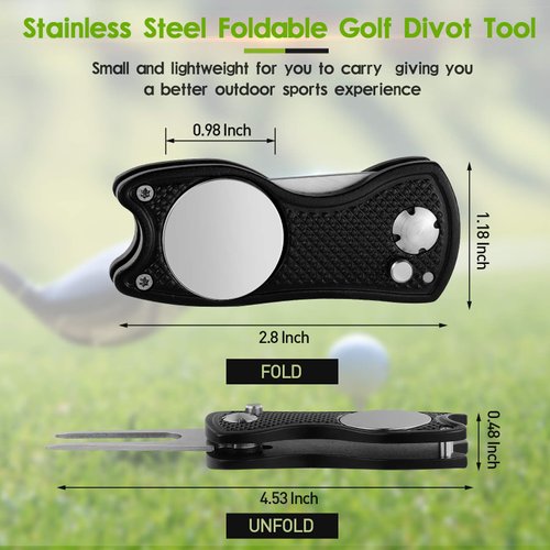 3 Pieces Golf Divot Repair Tool Stainless Steel Foldable Golf Repair Tool Magnetic Golf Ball Marker Tool with Pop Up Button Portable Golf Repair Tool (Black, Red, Blue)