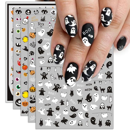 IDDFEVE Halloween Nail Art Stickers, Ghost Nail Decals, 3D Self-Adhesive Pumpkin Spider-Web Design for DIY Nail Supplies Decoration (6 Sheets)