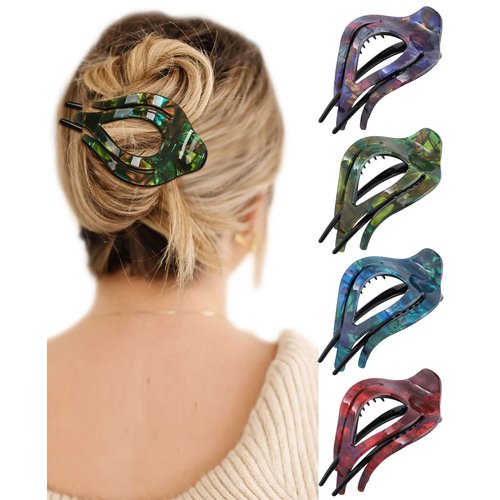 French Concord Curved Hair Clips - 4Pcs Acrylic Hair Claw Clips for Women Thick Hair Flat Hair Clips Strong Hold Claw Clips (Crack pattern(Blue/Green/Red/Purple))