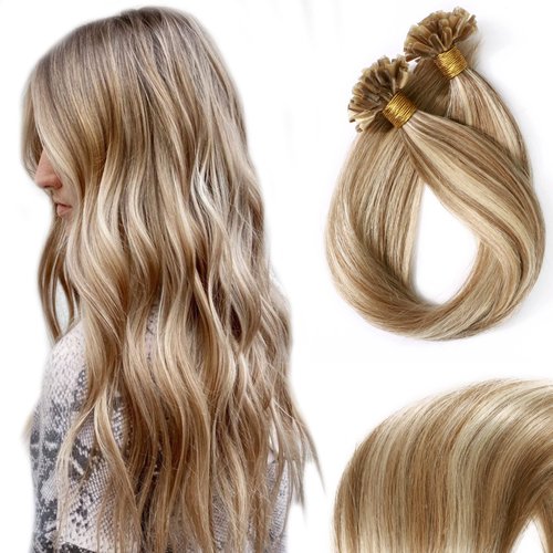 SEGO U Tip Hair Extensions Human Hair Keratin Pre Bonded Hot Fusion Nail Tip Hair Balayage Natural Silky Straight Extensions 50 Strands 50g/Pack -16 Inch Golden Brown&Bleach Blonde