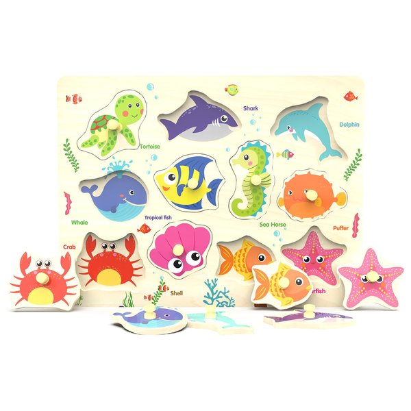 Wooden Peg Puzzle, Sea Creature Chunky Baby Puzzles, Colorful Wood Shape Puzzle Peg Board, Animal Knob Puzzle for Educational Toddlers 18 Months and Up, 11 Pieces