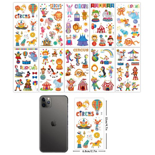 Circus Temporary Tattoos,10 Sheets Circus Carnival Fake Tattoo Stickers Waterproof Cute Cartoon Tattoos for Boys Girls Kids Party Supplies