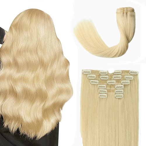 Platinum Blonde Clip In Human Hair Extension 10A Grade Brazilian human hair extension 100% Naturally Human Silky Straight Blonde Hair Extensions For Fashion Women(14In 120g 7Pcs)