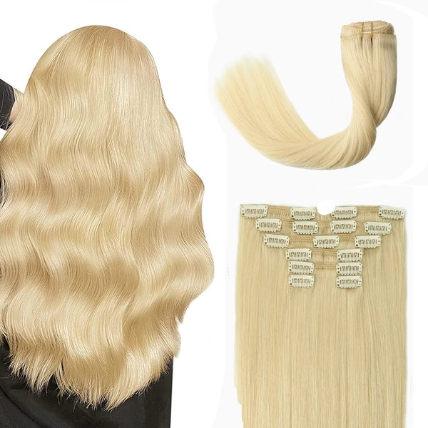 Platinum Blonde Clip In Human Hair Extension 10A Grade Brazilian human hair extension 100% Naturally Human Silky Straight Blonde Hair Extensions For Fashion Women(14In 120g 7Pcs)