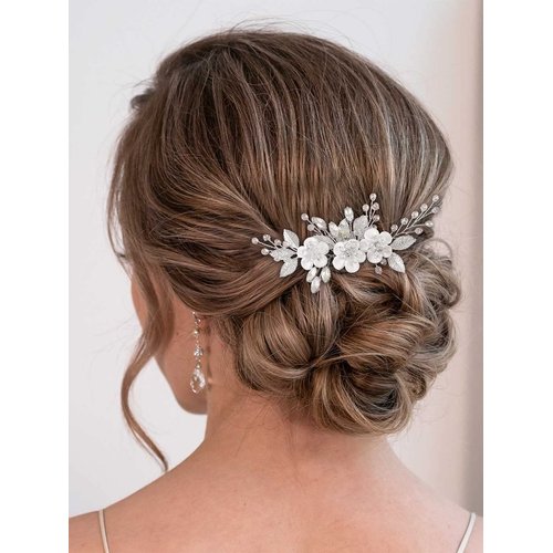 Catery Flower Bride Wedding Hair Comb Bridal Hair Pieces Bride Rhinestones Hair Jewelry Opal Headpieces Bead Side Combs Decorative Hair Accessories for Women and Girls (A-Silver)
