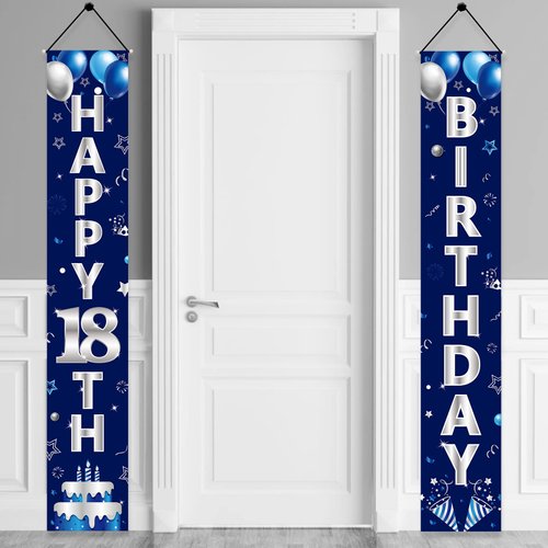 Turypaty Blue Silver 18th Birthday Door Banner Decorations, Happy 18 Birthday Party Porch Banner for Boys, Sweet 18 Year Old Birthday Party Supplies