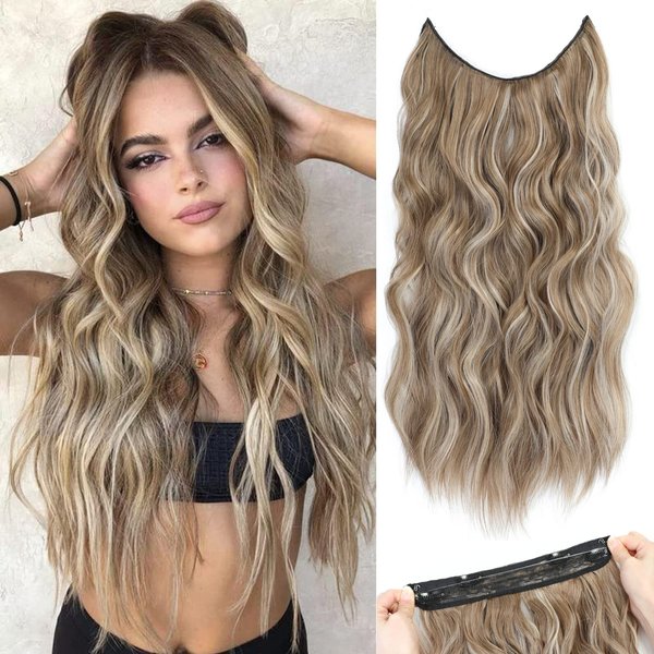 Halo hair extensions with Adjustable Transparent Headband Size 4 Secure Clips Long Wavy Invisible Wire Secret Hairpieces for Women Daily Party Use (Ash Brown with Ash Blonde, 24 Inch)
