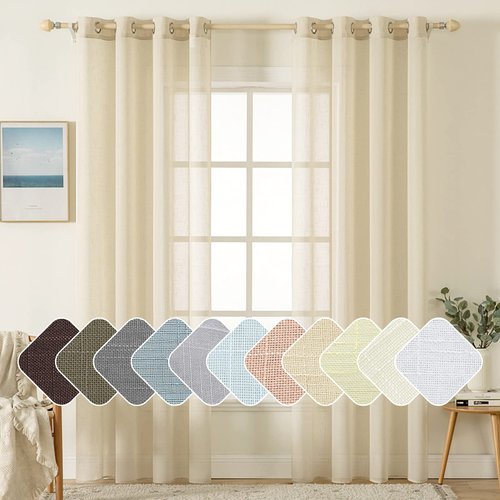 MIULEE 2 Panels 84 Inch Natural Light Beige Linen Semi Sheer Window Curtains Elegant Solid Drapes Grommet Top Window Voile Panels Linen Textured Panels for Bedroom Living Room (52" W X 84" L)