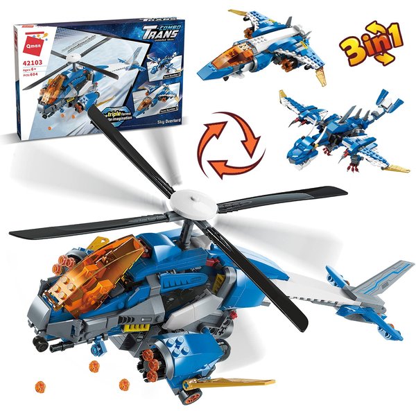 QMAN 3in1 Building Blocks Cool Helicopter Bomber Monster Dragon Building Toy, Best Toys & Gifts for Boys 6-12 Years Old, Sky Overlord Series (604 Pieces)