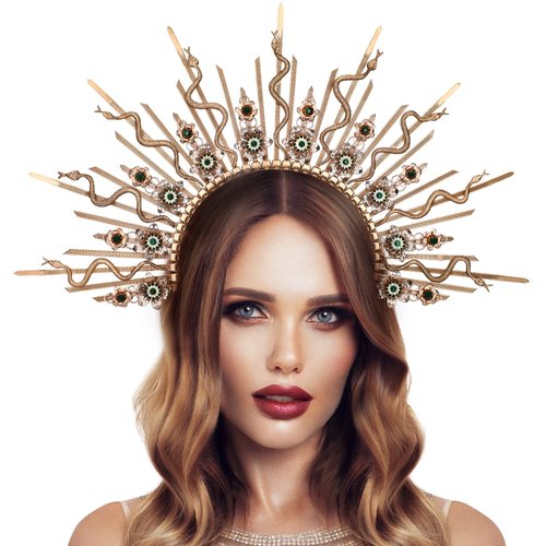 COSUCOS Gold Halo Crown Headpiece Bulk Medusa Snake Headpiece Halo Headlights Spike Zip Tie Headband Goddess Headdress Halloween Cosplay Party Supplies Photo Shoot