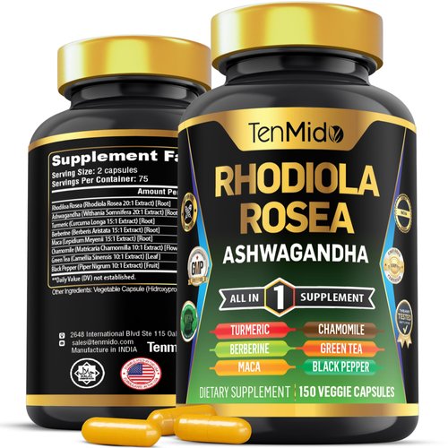 Tenmido Rhodiola Rosea Supplement - 8in1 Formula - Combine with Ashwagandha, Turmeric, Berberine, Maca, Chamomile, Green Tea, and Black Pepper - Nutrient Rich - 150 Vegan Capsules