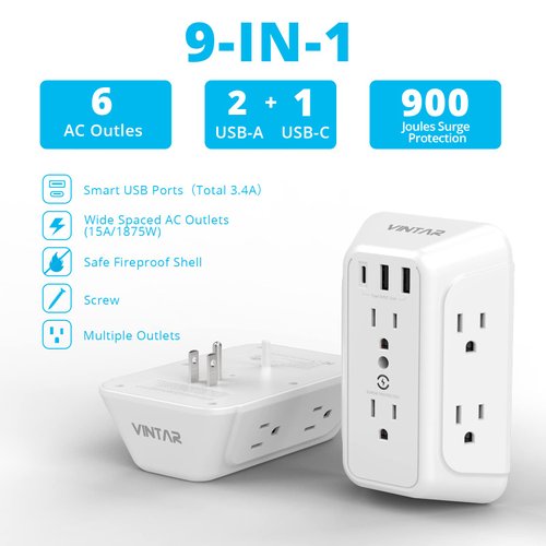 Wall Charger, Surge Protector, 6 Outlet Extender with 3 USB Charging Ports (1 USB C, 3.4A) 900J Wall Mount Power Strip Multi Plug Outlets for Home Travel Office ETL Listed
