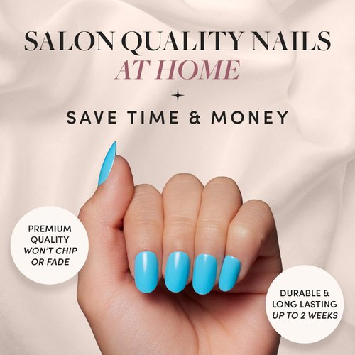Glamnetic Press On Nails - Azure Blue | Opaque Bright Blue Short Round Fake Nails, Reusable | 12 Sizes - 30 Nail Kit