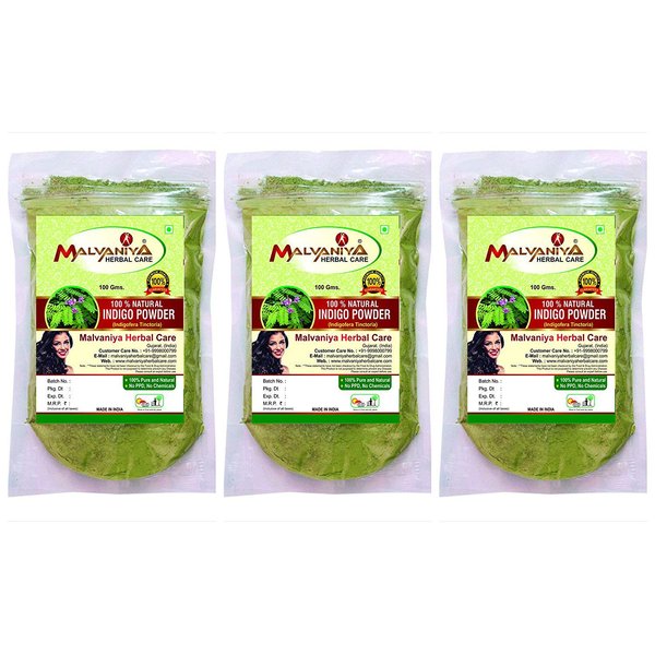 100% Natural Indigo Powder-Indigofera Tinctoria for Hair Dye/Color by Malvaniya Herbal Care, (3 X 100GM)