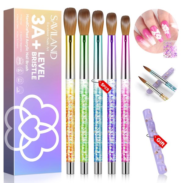 Saviland 5PCS Acrylic Nail Brushes - Size 8/10/12/16/18 Nail Brushes for Acrylic Application, Sparkling Rainbow Acrylic Powder Brush with Nail Brush Holder for Acrylic Nails Extension 3D Carving